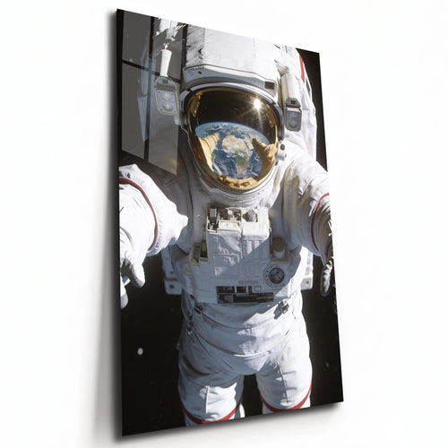 Poster métal astronaute avec la Terre dans sa visière, plaque aluminium brillante vue de trois quarts