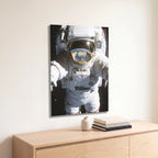 Poster métal astronaute avec la Terre dans sa visière accroché au-dessus d'un canapé dans un salon