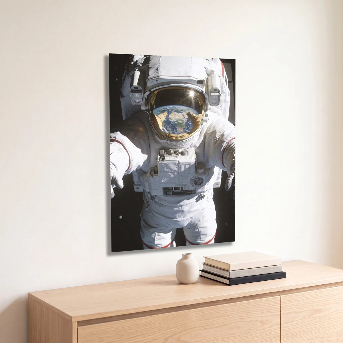Poster métal astronaute avec la Terre dans sa visière accroché au-dessus d'un canapé dans un salon