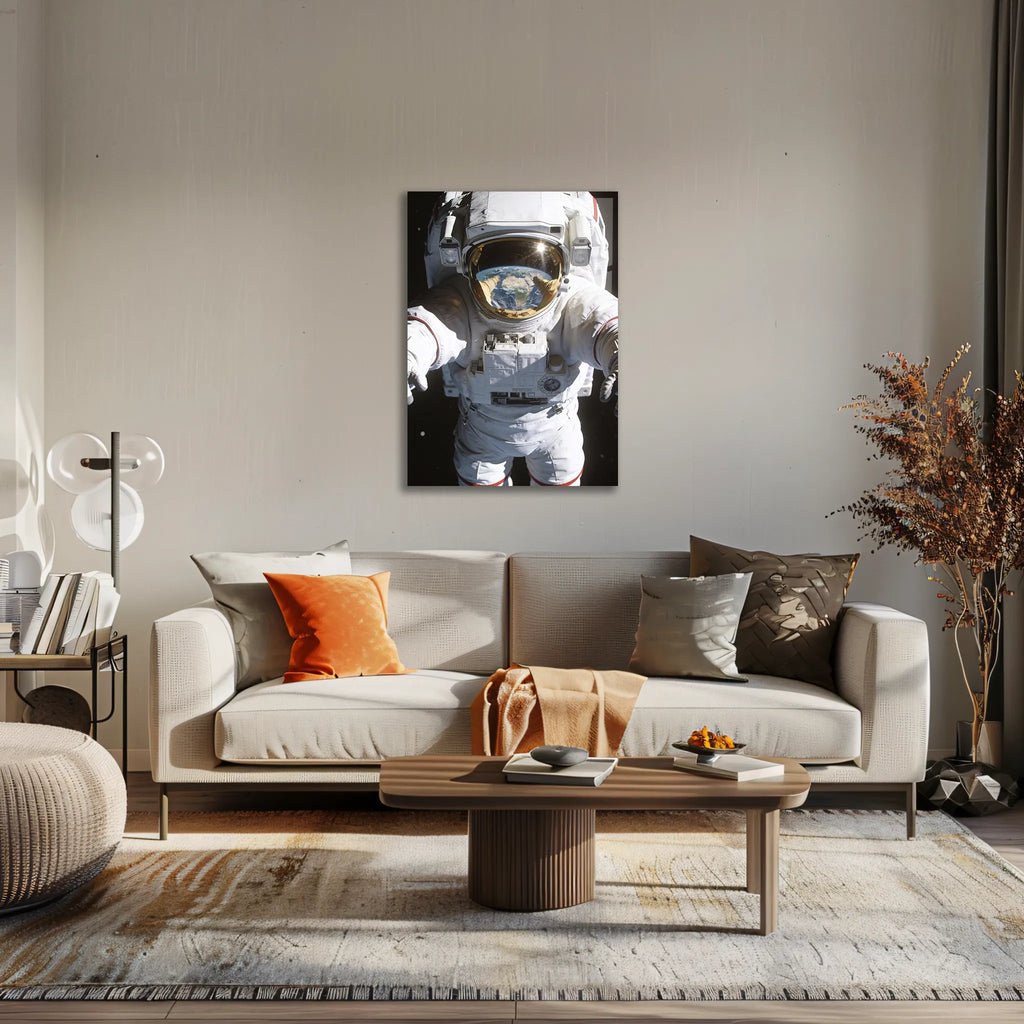 Poster métal astronaute avec la Terre dans sa visière au mur d'un bureau, au-dessus du plan de travail