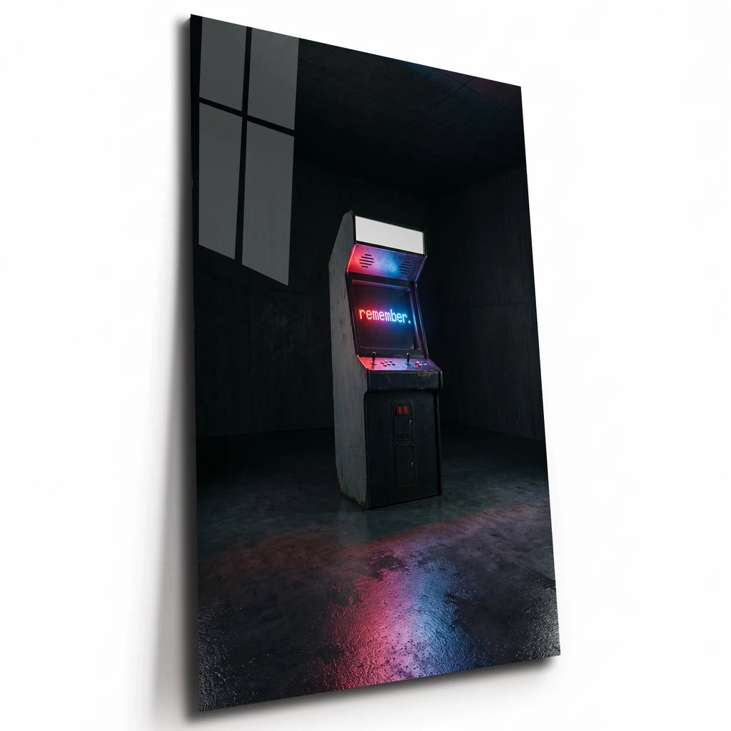 Poster métal borne d'arcade rétro aux néons, plaque aluminium brillante vue de trois quarts