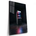 Poster métal borne d'arcade rétro aux néons, plaque aluminium brillante vue de trois quarts