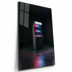 Poster métal borne d'arcade rétro aux néons, plaque aluminium brillante vue de trois quarts