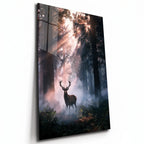 Poster métal cerf dans une forêt brumeuse, plaque aluminium brillante vue de trois quarts