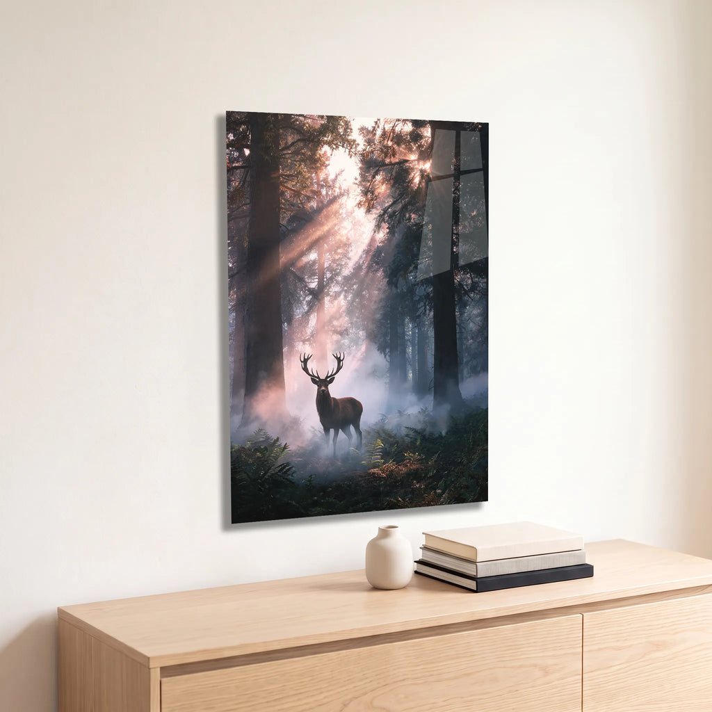 Poster métal cerf dans une forêt brumeuse accroché au-dessus d'un canapé dans un salon