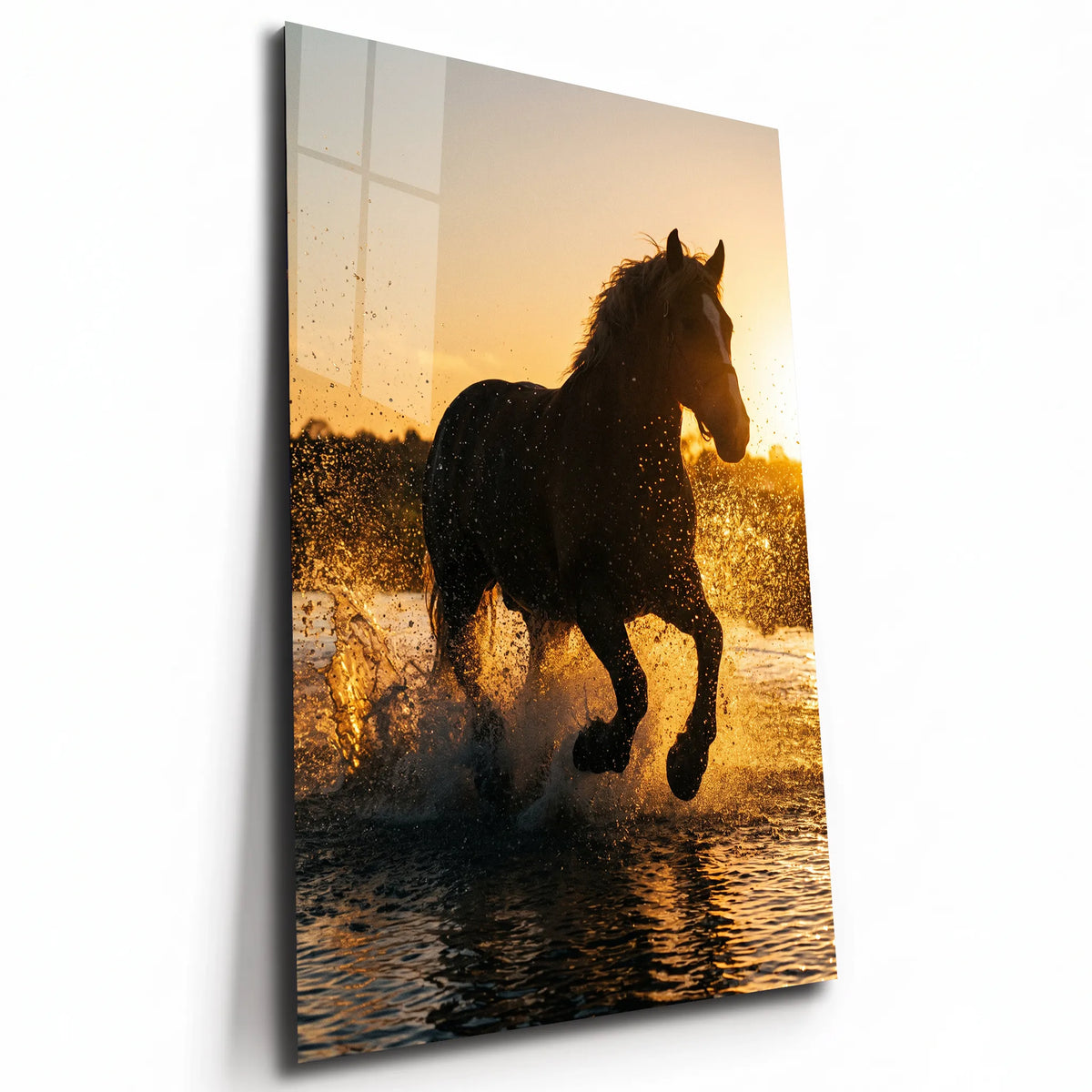 Poster métal cheval au galop dans l'eau au coucher du soleil, plaque aluminium brillante vue de trois quarts