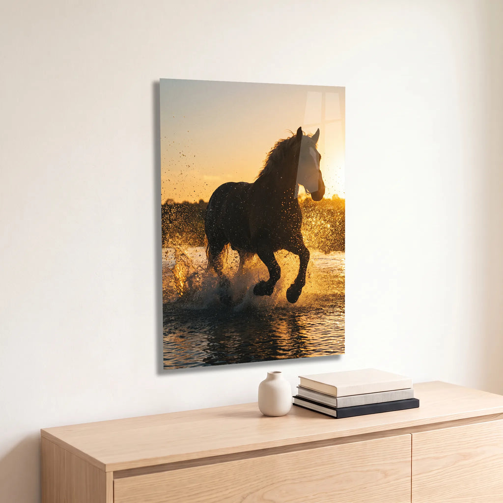 Poster métal cheval au galop dans l'eau au coucher du soleil accroché au-dessus d'un canapé dans un salon