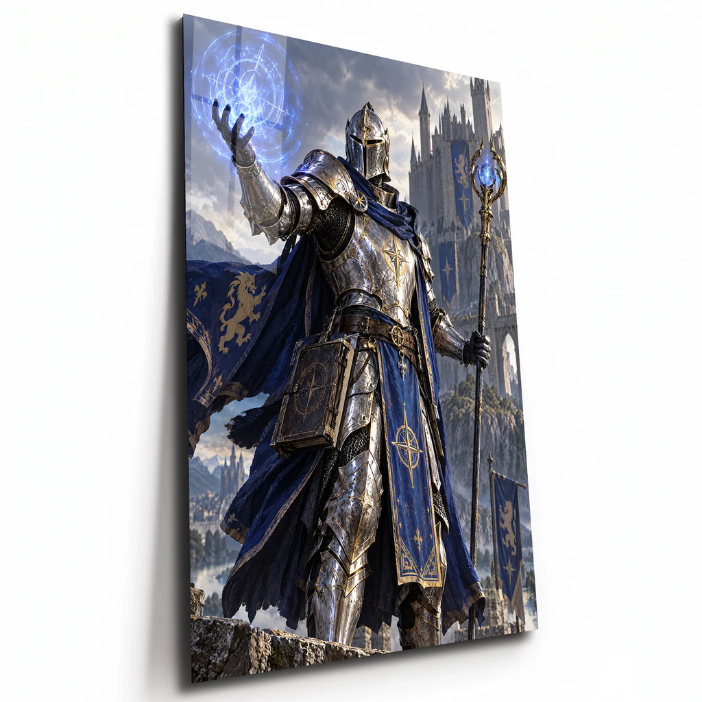 Poster métal chevalier mage en armure devant une citadelle, plaque aluminium brillante vue de trois quarts