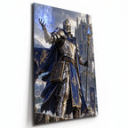 Poster métal chevalier mage en armure devant une citadelle, plaque aluminium brillante vue de trois quarts