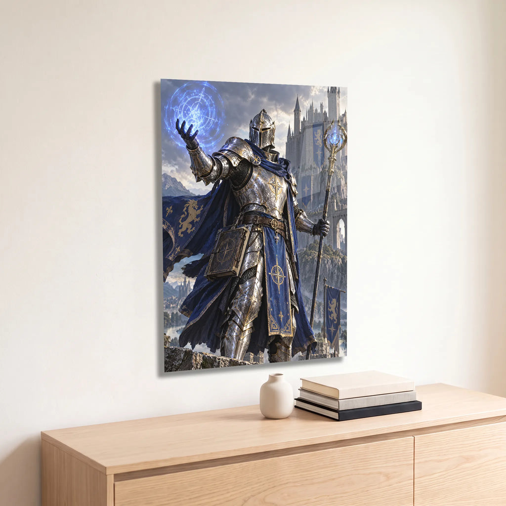 Poster métal chevalier mage en armure devant une citadelle accroché au-dessus d'un canapé dans un salon