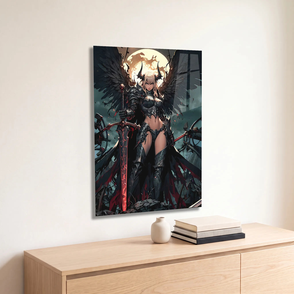 Poster métal démone ailée de style manga au-dessus d'une commode en bois clair