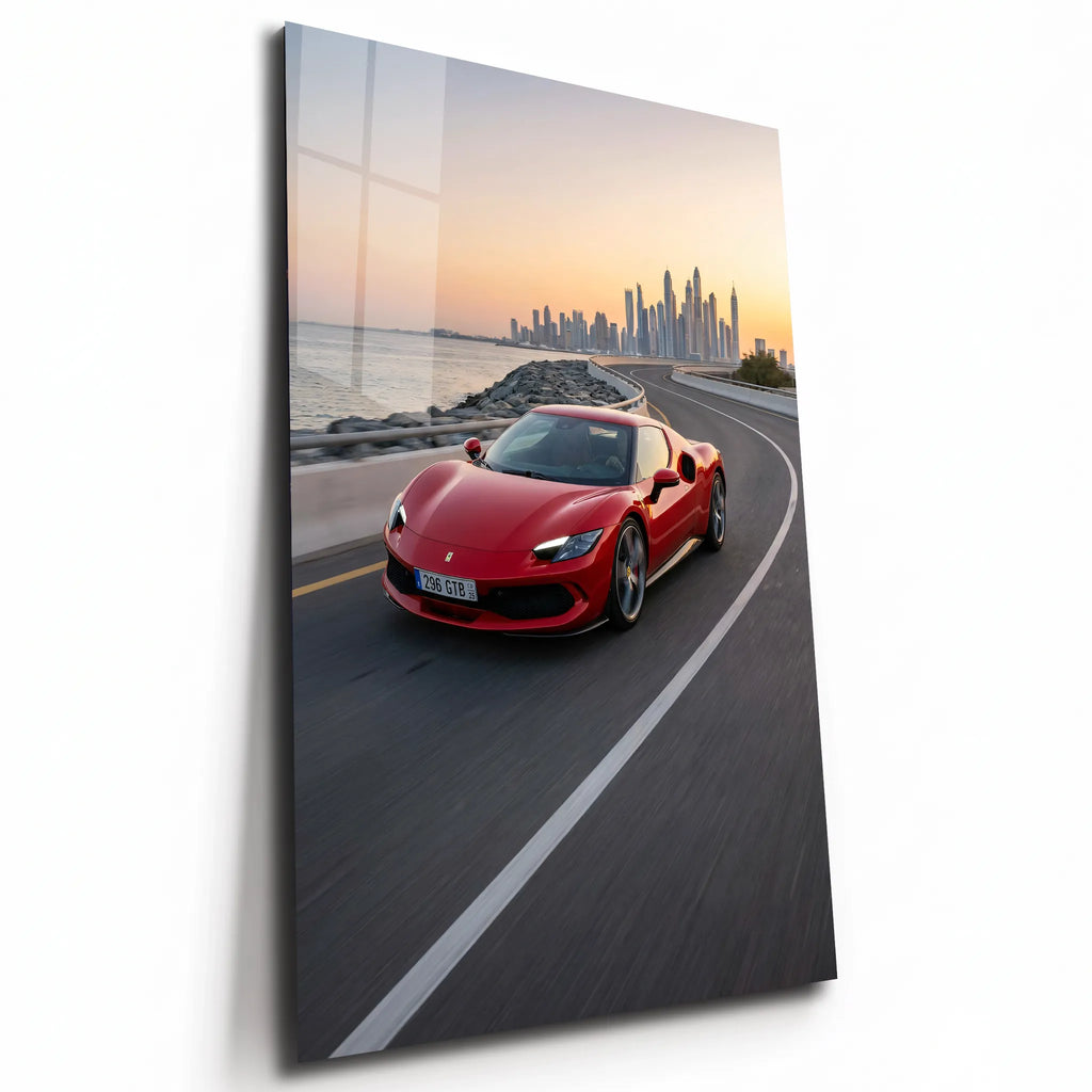 Poster métal Ferrari 296 GTB sur une corniche au coucher du soleil, plaque aluminium brillante vue de trois quarts