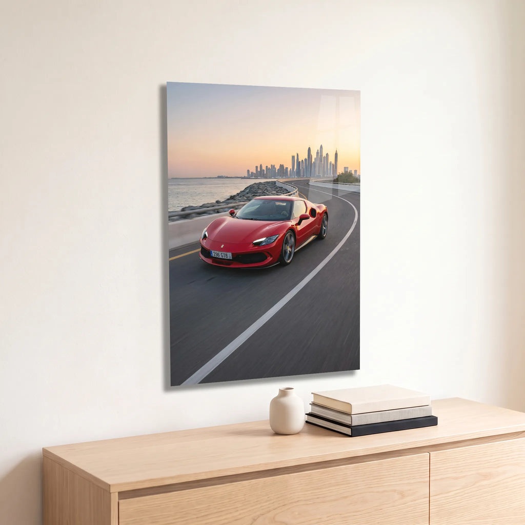 Poster métal Ferrari 296 GTB sur une corniche au coucher du soleil accroché au-dessus d'un canapé dans un salon