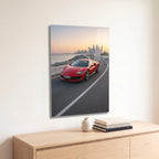 Poster métal Ferrari 296 GTB sur une corniche au coucher du soleil accroché au-dessus d'un canapé dans un salon