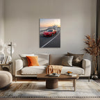 Poster métal Ferrari 296 GTB sur une corniche au coucher du soleil au mur d'un bureau, au-dessus du plan de travail