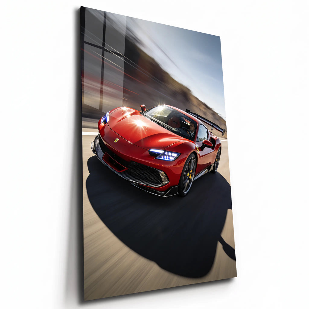 Poster métal Ferrari 296 GTB préparée lancée à pleine vitesse, plaque aluminium brillante vue de trois quarts