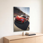 Poster métal Ferrari 296 GTB préparée lancée à pleine vitesse accroché au-dessus d'un canapé dans un salon