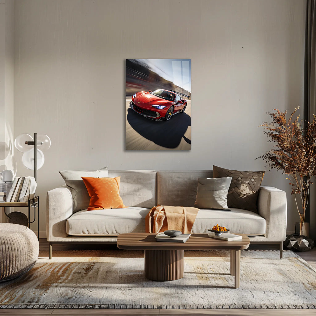 Poster métal Ferrari 296 GTB préparée lancée à pleine vitesse au mur d'un bureau, au-dessus du plan de travail