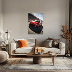 Poster métal Ferrari 296 GTB préparée lancée à pleine vitesse au mur d'un bureau, au-dessus du plan de travail