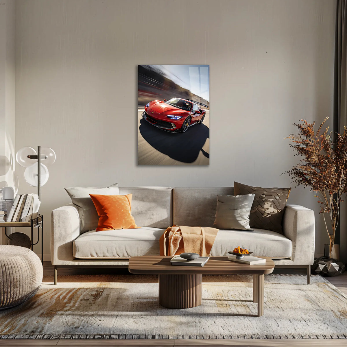 Poster métal Ferrari 296 GTB préparée lancée à pleine vitesse au mur d'un bureau, au-dessus du plan de travail