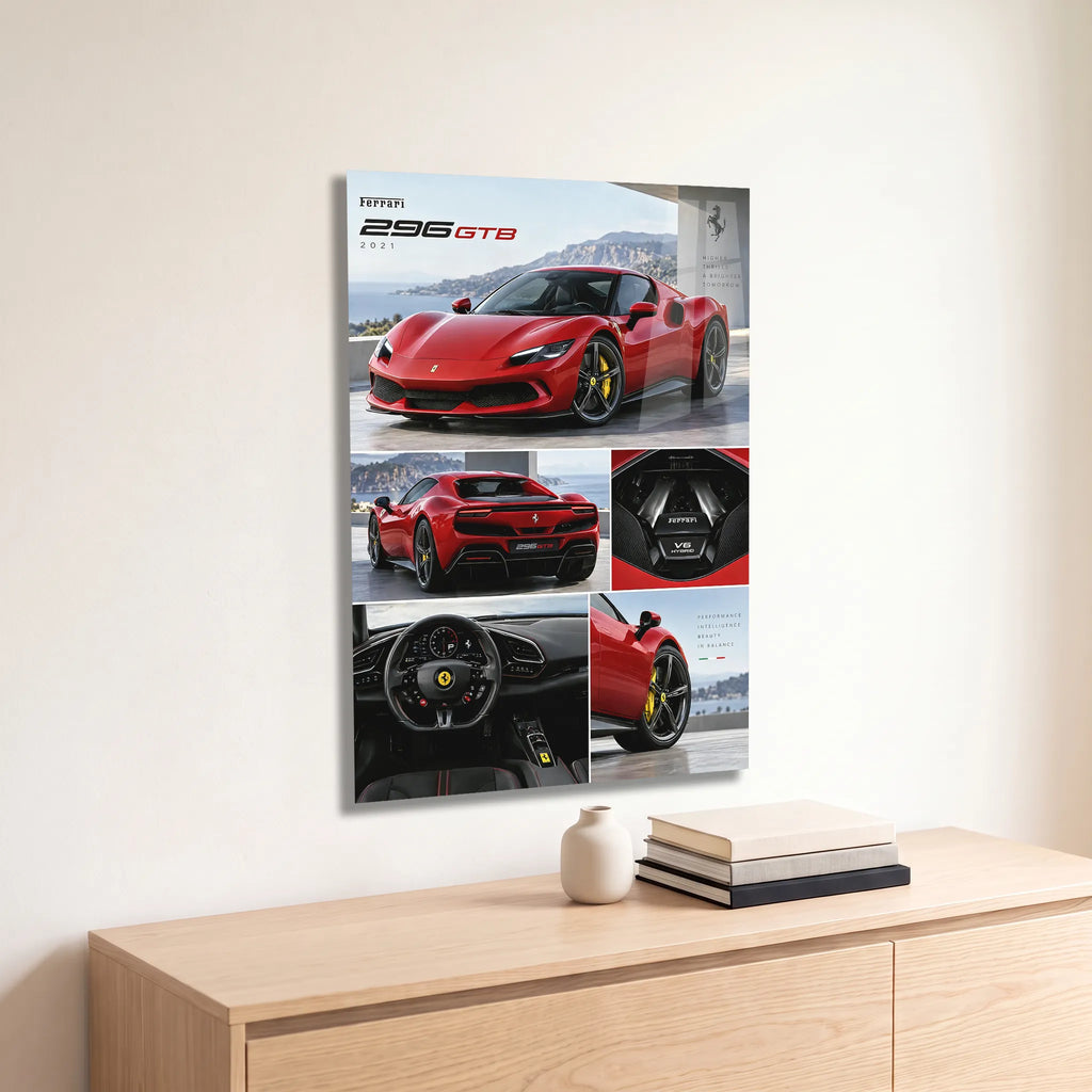 Poster métal planche de présentation de la Ferrari 296 GTB accroché au-dessus d'un canapé dans un salon
