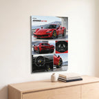 Poster métal planche de présentation de la Ferrari 296 GTB accroché au-dessus d'un canapé dans un salon