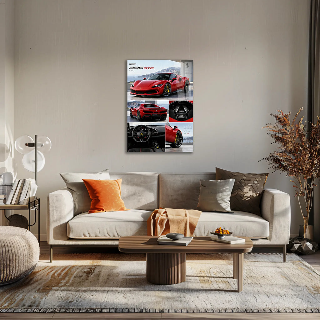 Poster métal planche de présentation de la Ferrari 296 GTB au mur d'un bureau, au-dessus du plan de travail