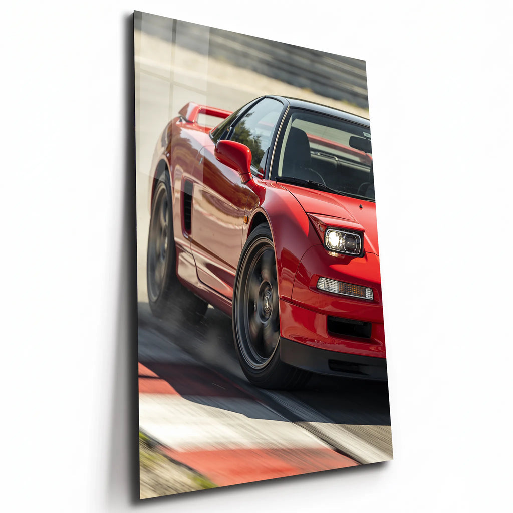 Poster métal Honda NSX rouge sur circuit, plaque aluminium brillante vue de trois quarts