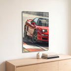 Poster métal Honda NSX rouge sur circuit accroché au-dessus d'un canapé dans un salon
