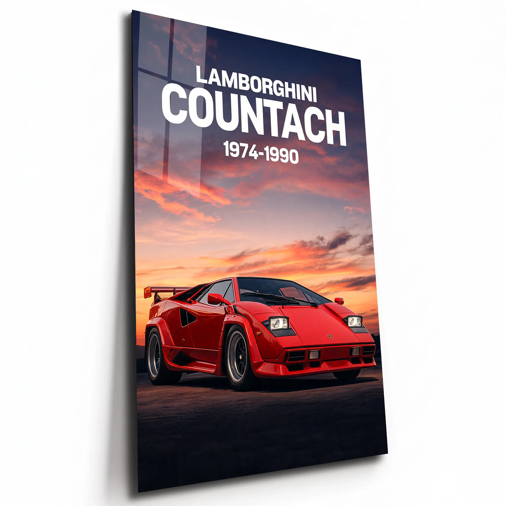 Poster métal Lamborghini Countach rouge au coucher du soleil, plaque aluminium brillante vue de trois quarts