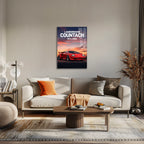 Poster métal Lamborghini Countach rouge au coucher du soleil au mur d'un bureau, au-dessus du plan de travail