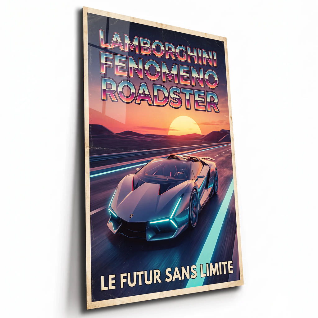Poster métal Lamborghini Fenomeno Roadster au coucher du soleil, plaque aluminium brillante vue de trois quarts
