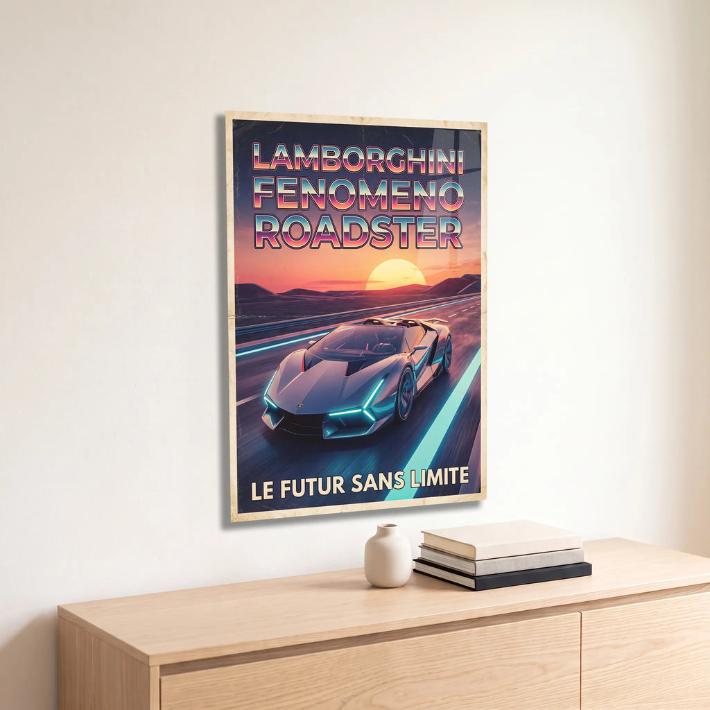 Poster métal Lamborghini Fenomeno Roadster au coucher du soleil accroché au-dessus d'un canapé dans un salon