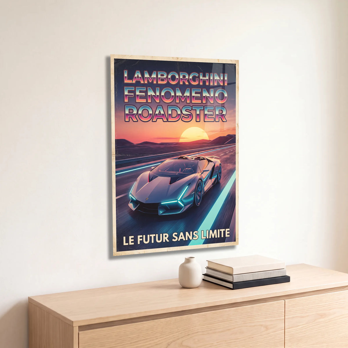 Poster métal Lamborghini Fenomeno Roadster au coucher du soleil accroché au-dessus d'un canapé dans un salon