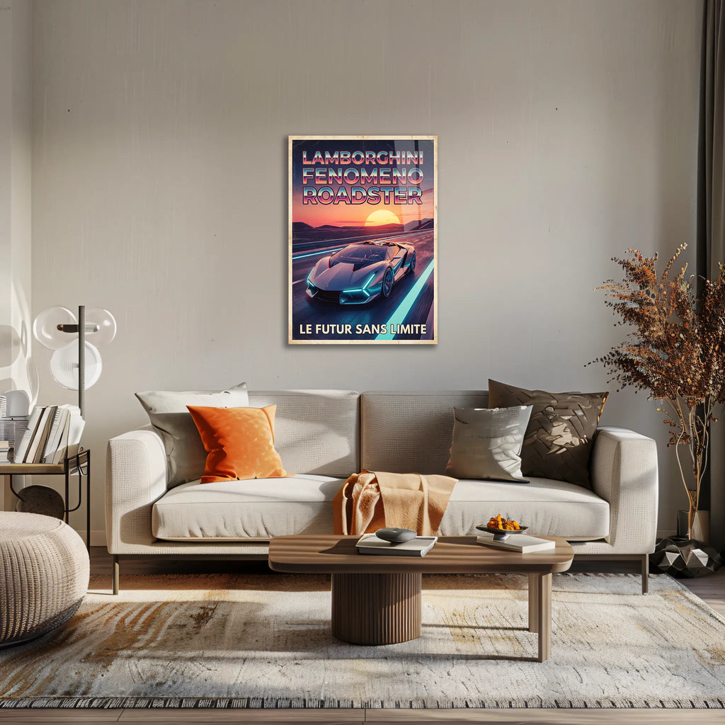 Poster métal Lamborghini Fenomeno Roadster au coucher du soleil au mur d'un bureau, au-dessus du plan de travail
