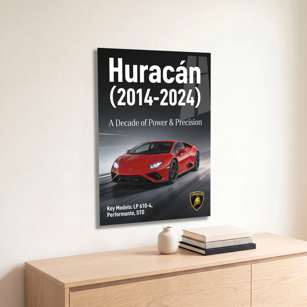 Poster métal affiche Lamborghini Huracán 2014-2024 accroché au-dessus d'un canapé dans un salon