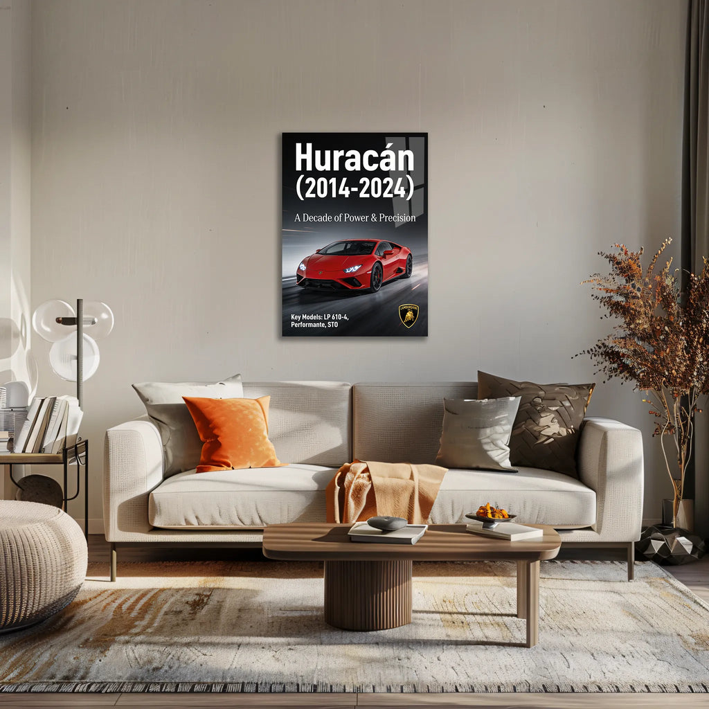 Poster métal affiche Lamborghini Huracán 2014-2024 au mur d'un bureau, au-dessus du plan de travail