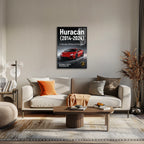 Poster métal affiche Lamborghini Huracán 2014-2024 au mur d'un bureau, au-dessus du plan de travail