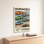 Poster métal affiche des versions de la Lamborghini Huracán accroché au-dessus d'un canapé dans un salon