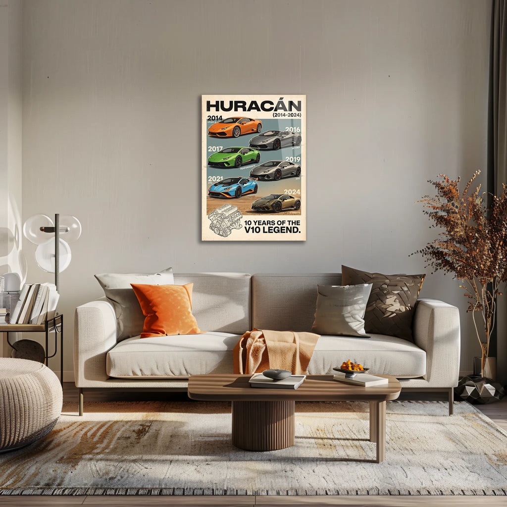 Poster métal affiche des versions de la Lamborghini Huracán au mur d'un bureau, au-dessus du plan de travail