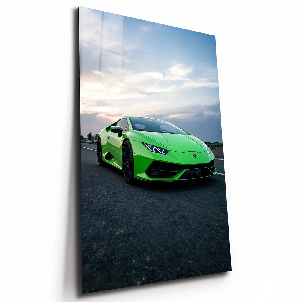 Poster métal Lamborghini Huracán verte de trois quarts avant, plaque aluminium brillante vue de trois quarts