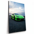 Poster métal Lamborghini Huracán verte de trois quarts avant, plaque aluminium brillante vue de trois quarts