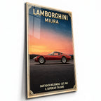 Poster métal affiche vintage Lamborghini Miura rouge, plaque aluminium brillante vue de trois quarts