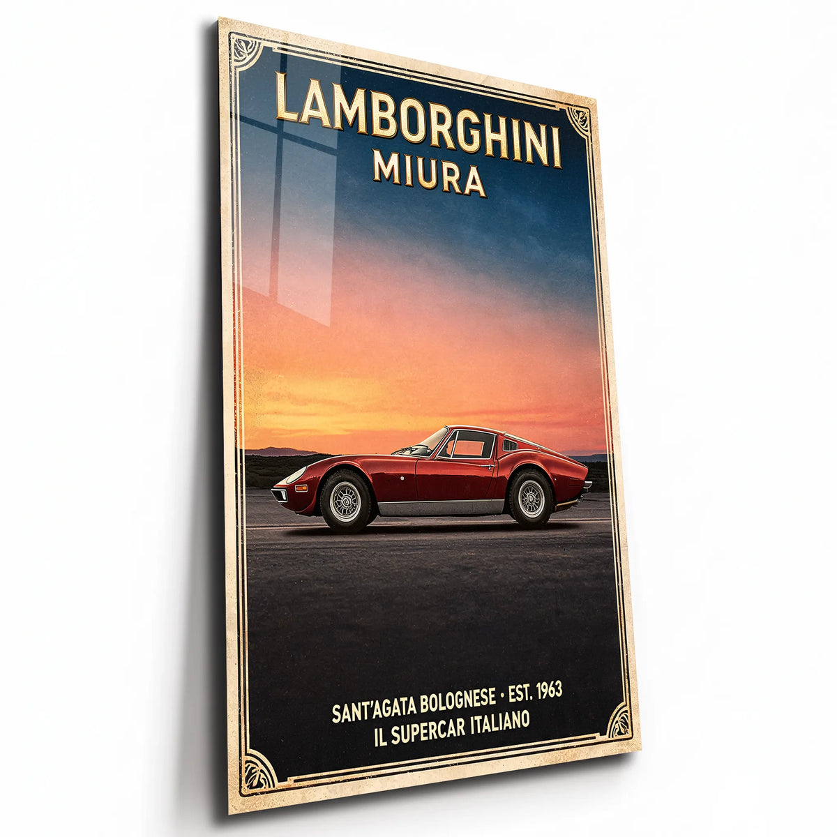 Poster métal affiche vintage Lamborghini Miura rouge, plaque aluminium brillante vue de trois quarts