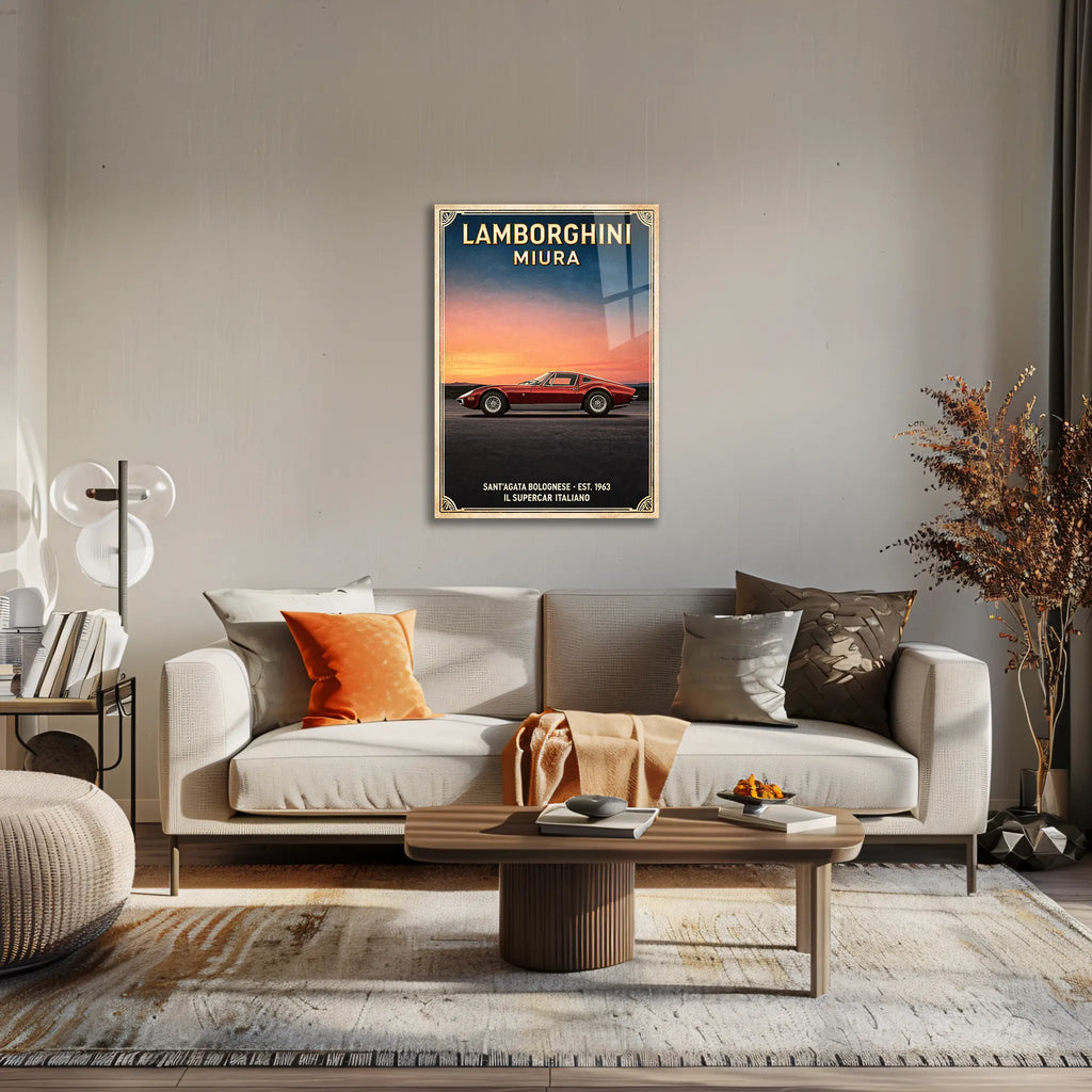 Poster métal affiche vintage Lamborghini Miura rouge au mur d'un bureau, au-dessus du plan de travail