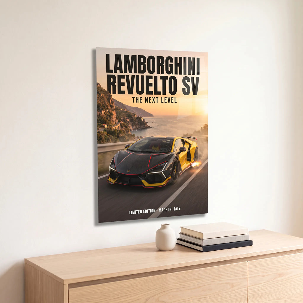Poster métal Lamborghini Revuelto SV jaune sur une route de corniche accroché au-dessus d'un canapé dans un salon