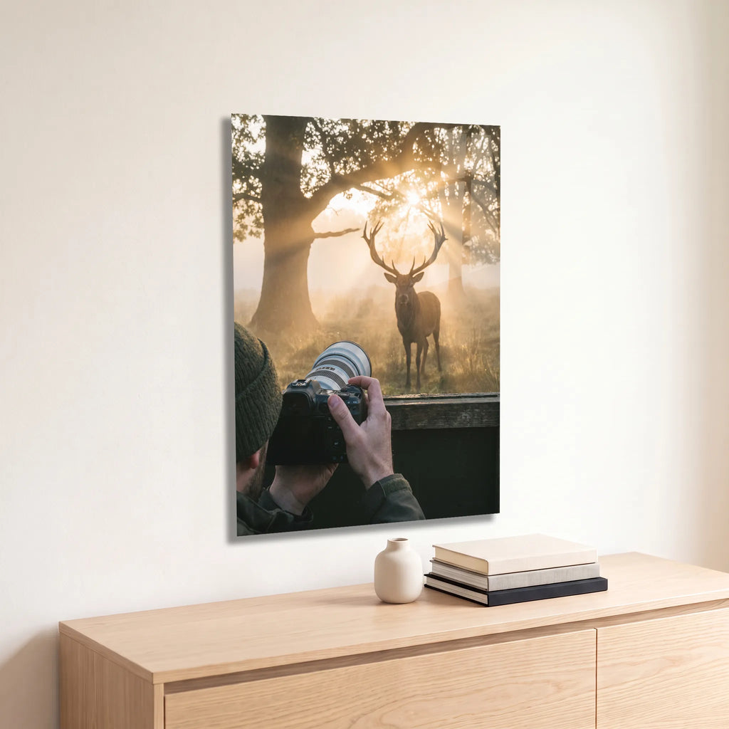 Poster métal photographe face à un cerf au lever du soleil accroché au-dessus d'un canapé dans un salon