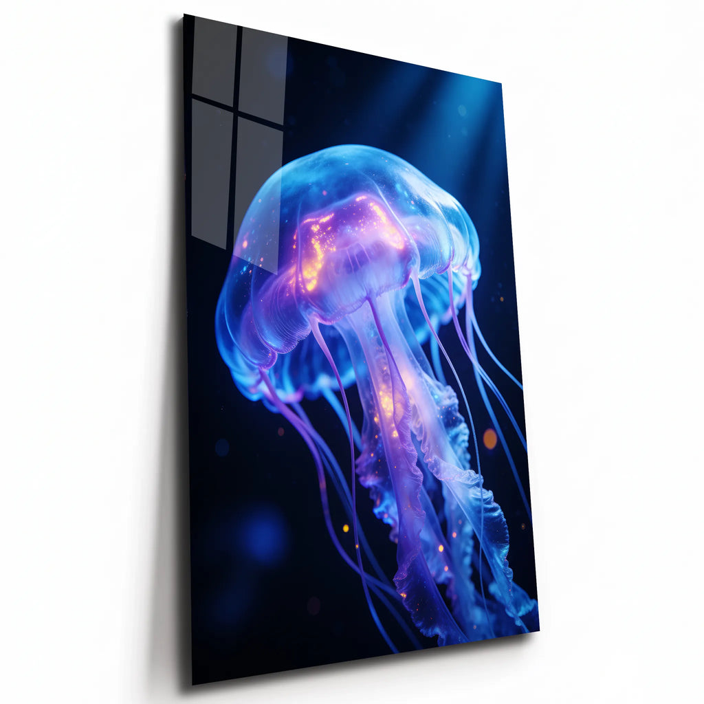 Poster métal méduse bioluminescente dans l'eau noire, plaque aluminium brillante vue de trois quarts