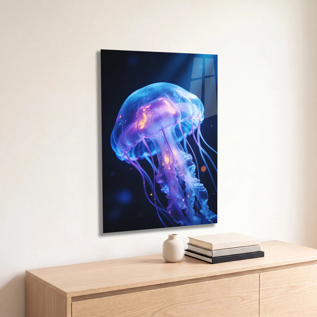 Poster métal méduse bioluminescente dans l'eau noire accroché au-dessus d'un canapé dans un salon
