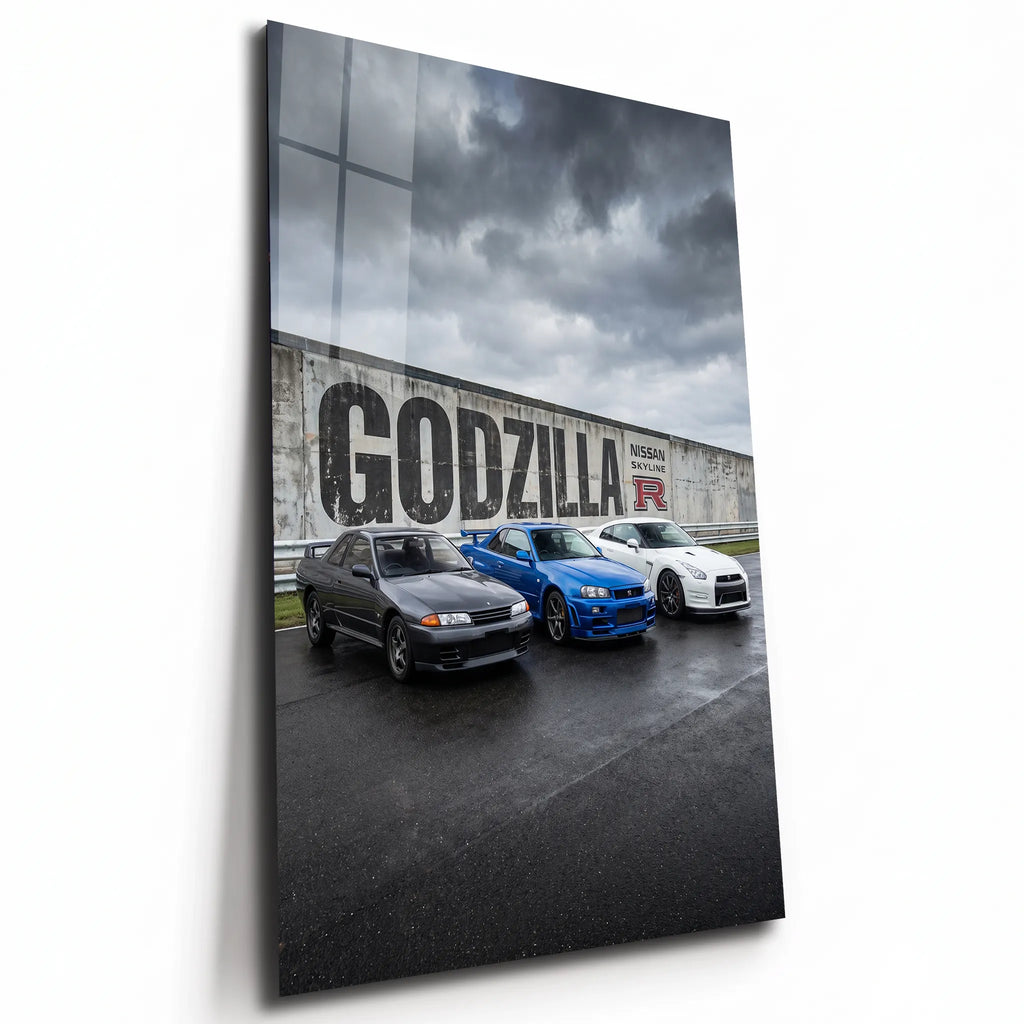 Poster métal Nissan GT-R R32, R34 et R35 sur circuit, plaque aluminium brillante vue de trois quarts